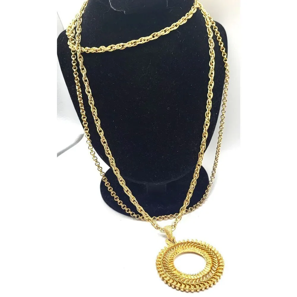 Vintage Gold Plated Vintage Statement Pendant Necklace Double Strand 2in pendant